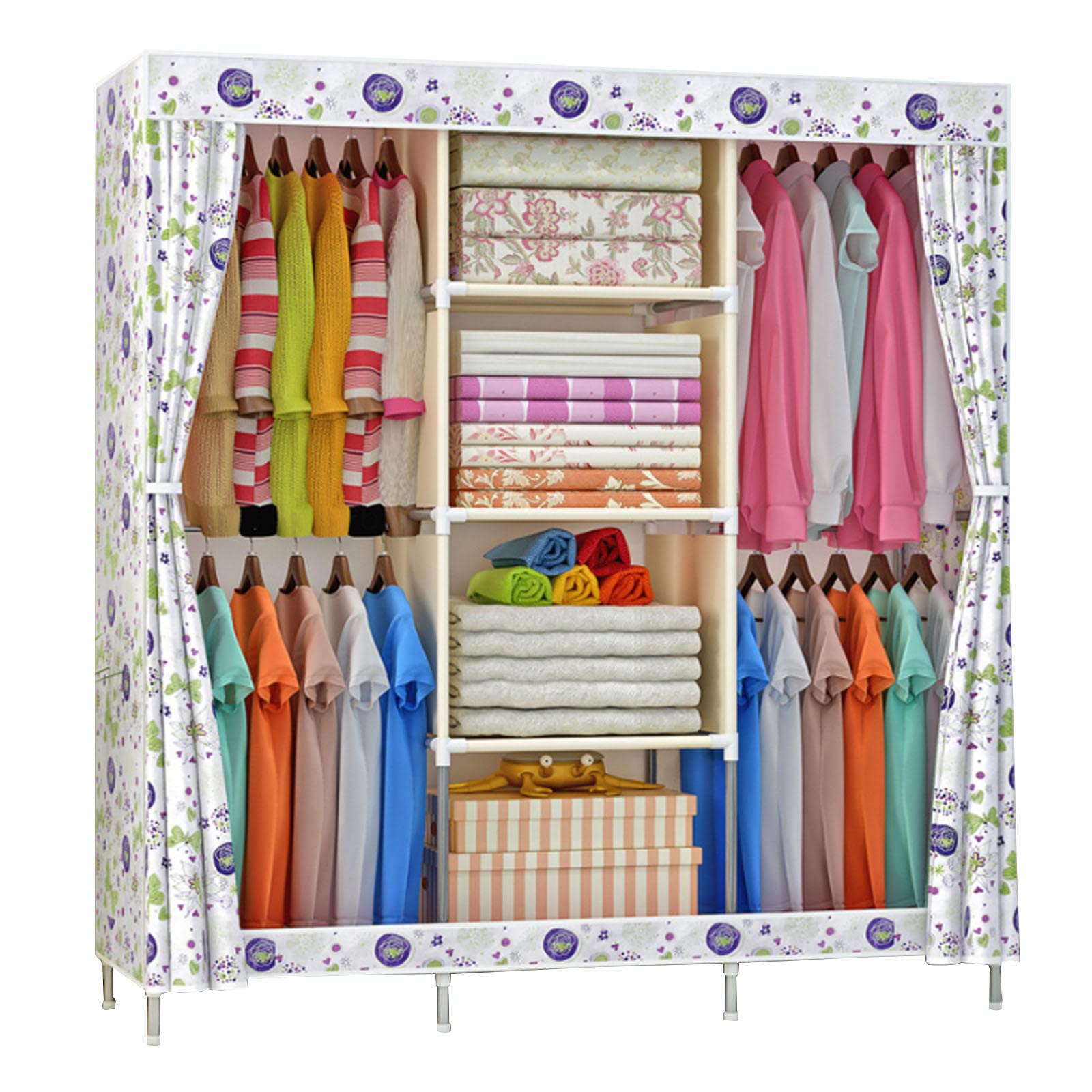 Armoire en tissu portable blanche 129x45x177 cm avec penderie et étagères de rangement