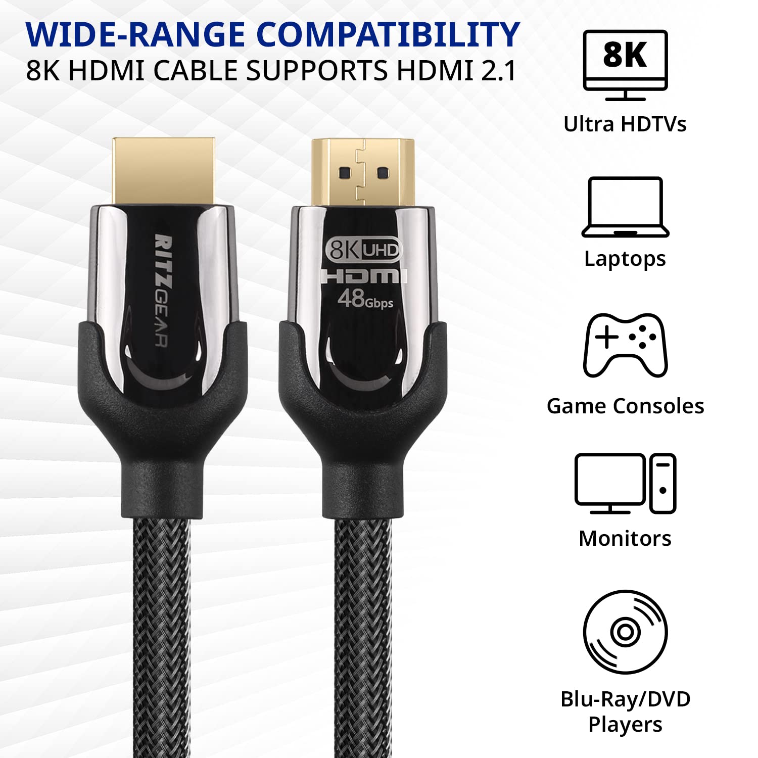 RitzGear Câble HDMI 2.1 8K 4 m Câble en nylon tressé ultra haute vitesse 48 Gbit/s et connecteurs dorés – Vidéo UHD 10K/8K @ 60 Hz/4K @ 120 Hz/4K @ 60 Hz/2K/1080p. Compatible avec TV UHD/moniteur/PC