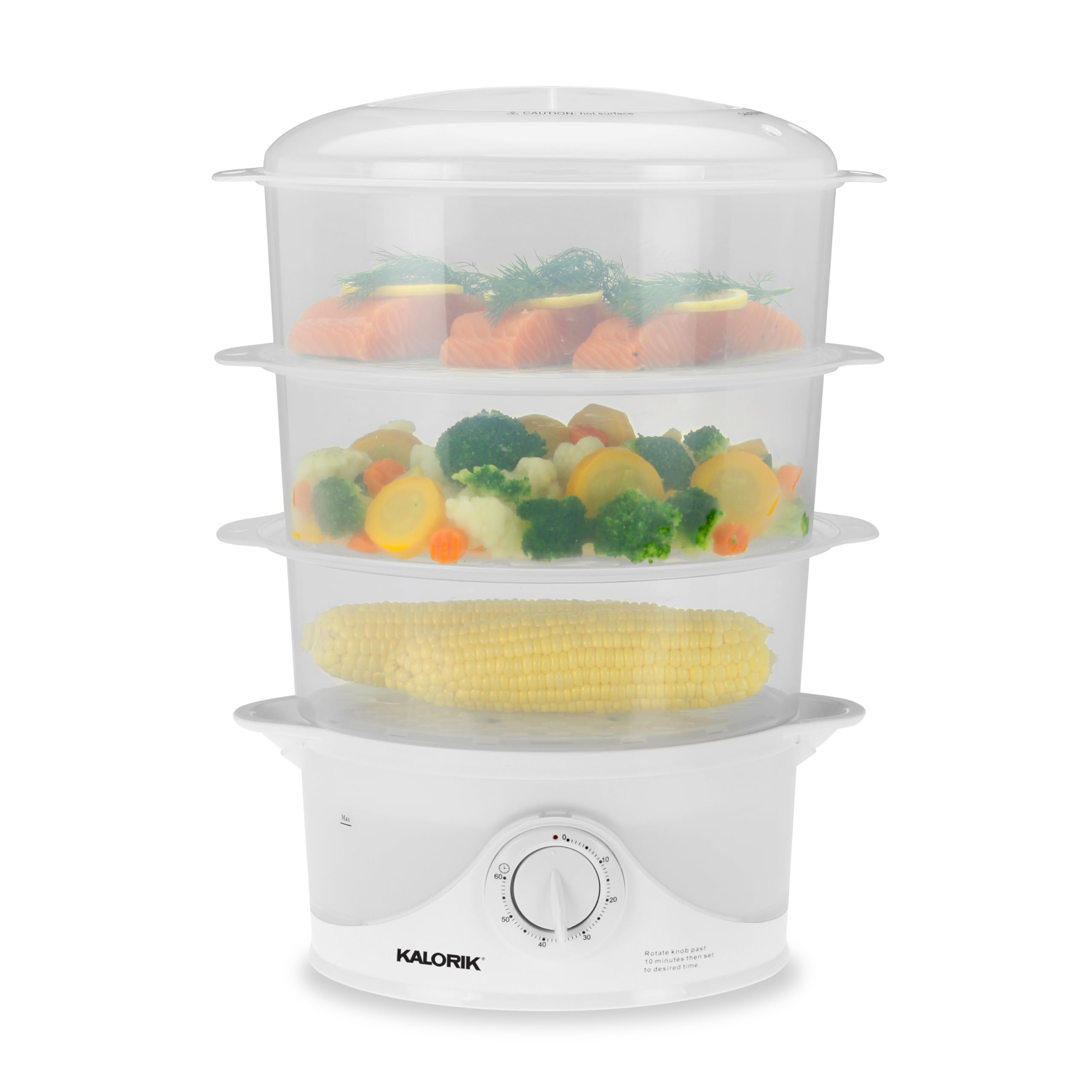 KalorikElectric Food Steamer with Manual Controls 3-Tier with BPA Free Dishwasher Safe Baskets, 800 Watts and 60-Minute Timer Turbo Steam Feature and Easy Refill, 9-Quarts, White