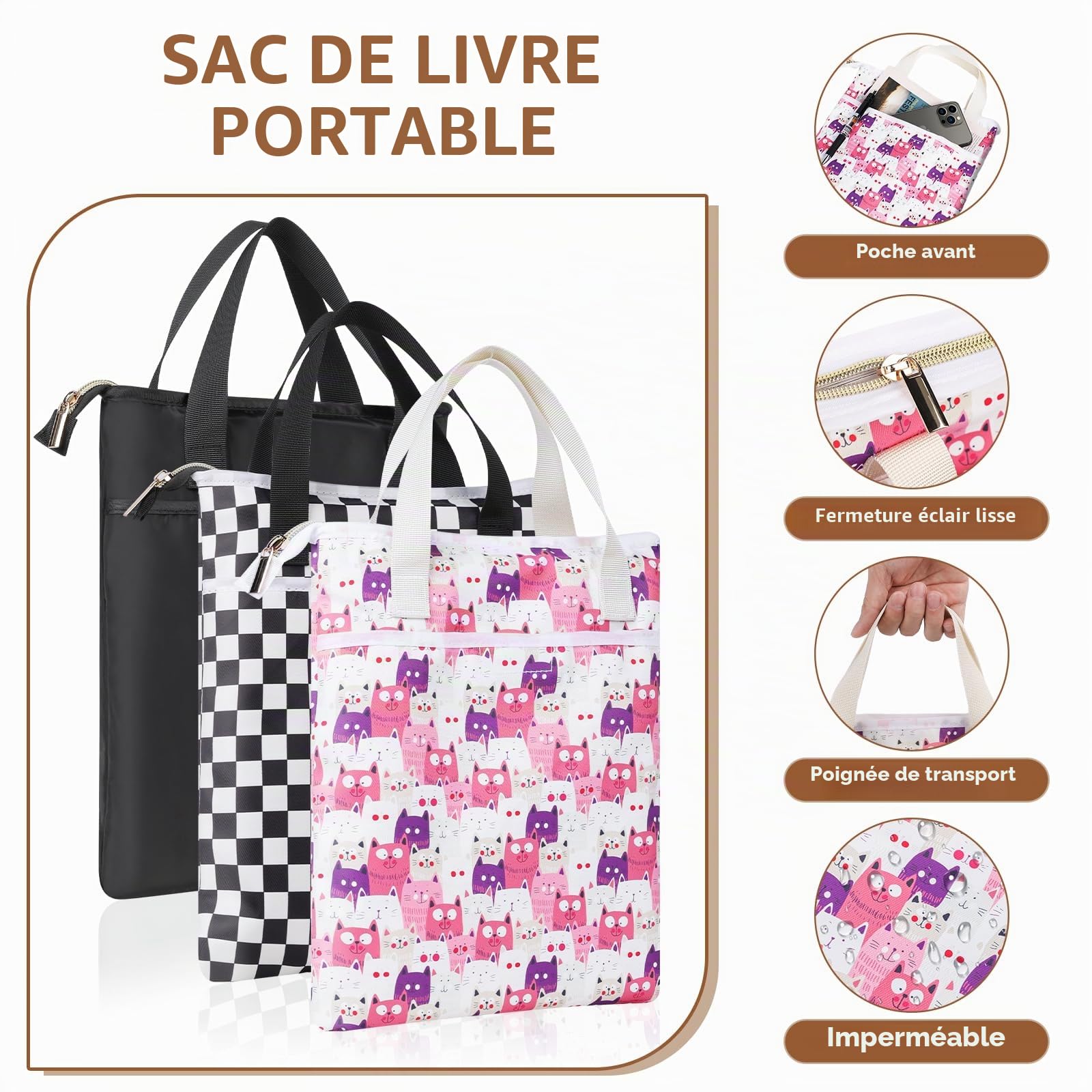 Likesing Pochette Livre Tissu Noir Protege Livre avec Fermeture Eclair et Poche Frontale Protection Livres Imperméable Voyage pour Les Amateur de Lecture Amis Camarades Classe Cadeaux 31 x 26 cm