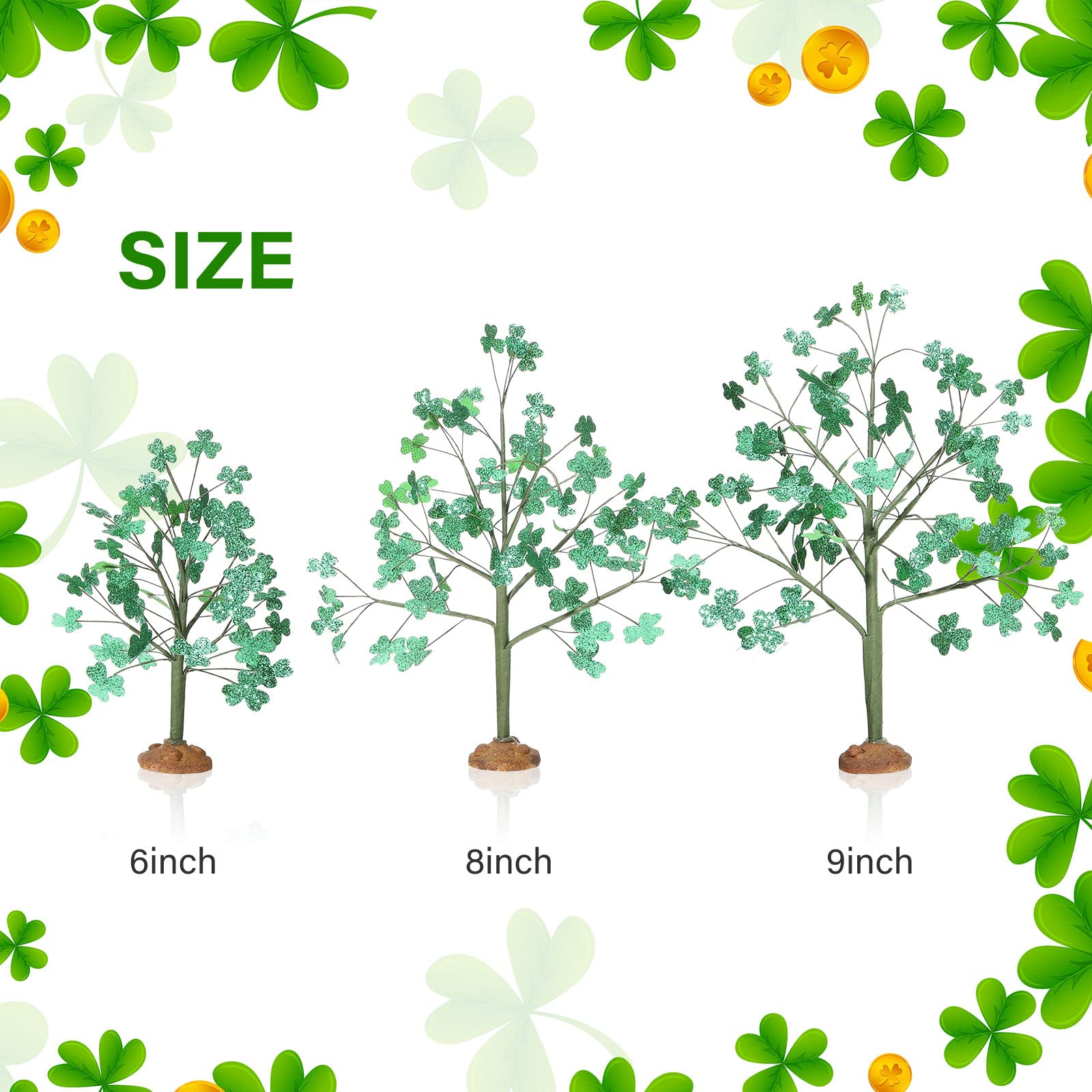 3 Pieces St. Patrick's Day Decor St. Patrick's Day Village Trees Luck Clover Village Tree Accessories Shamrocks Bare Branch Artificial Tree for Home Shelf Decor Irish Festival Holiday Party Display