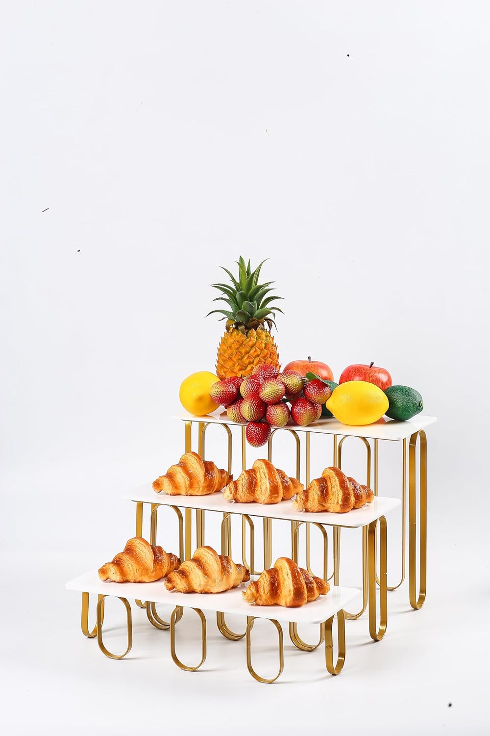 15inch 3 Tier Rectangular Plates with Metal standsy Set, Serving Trays Party Divided Tray, Used for Displaying Vegetables, Fruits and Desserts Cake, Golden and White Version