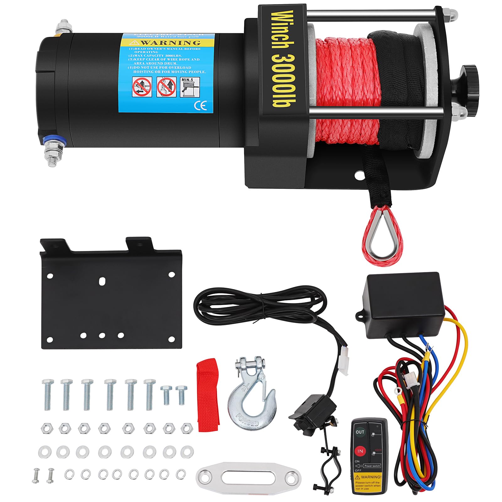 TFGCSG 3000LBS winch kit, 3000LBS winch ATV winch UTV winch Truck winch, 12V winch Synthetic Rope Winch, with Wireless Remote Controller & Hawse