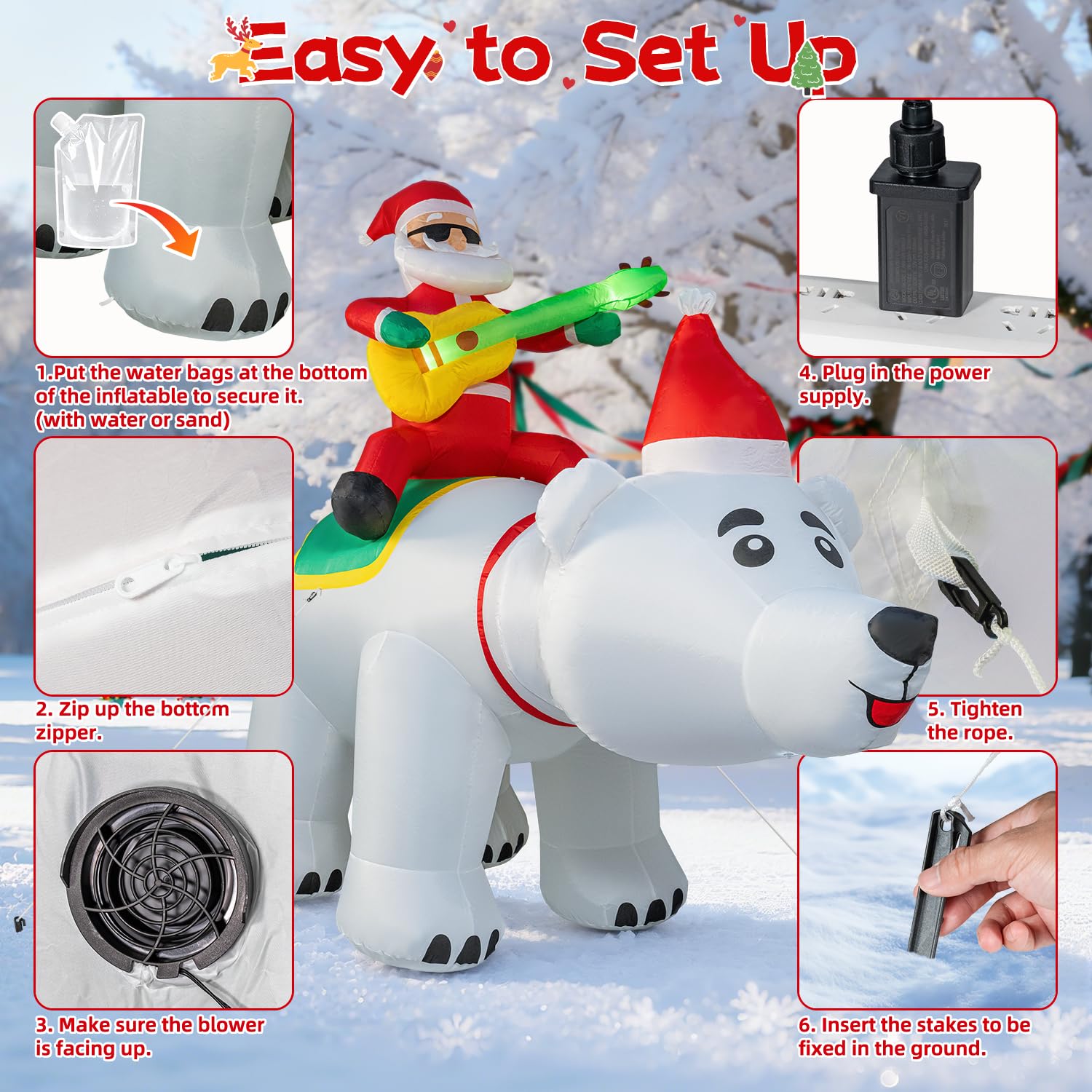 Oso inflable de Navidad de 7 pies con cabeza temblorosa y música, decoración de patio inflable con luces LED para Navidad, fiesta, interior, jardín, césped