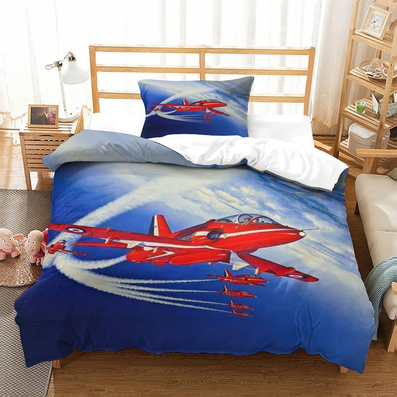 LILIlaobiao Air Show Duvet Cover Single（135x200cm）, Soft Microfiber Bedding Set Red Arrows Plane Quilt Cover with Hidden Zipper Closure, 3D Red Arrows Plane Printed Comforter