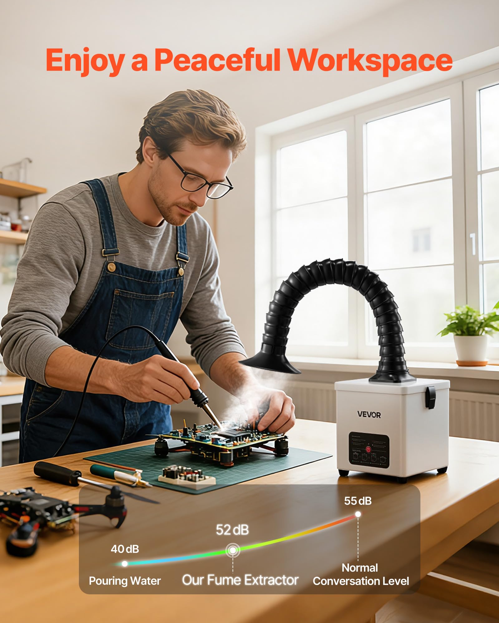 VEVOR Extractor de Humos de Soldadura 43 W, Sistema de Filtración de 3 Etapas, Flujo de Aire de 180 m³/h, Absorbedor de Humos de Soldadura con Motor sin Escobillas, Manguera Flexible de 360°