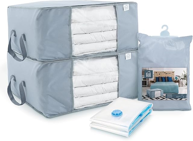 Hus Hus Large Storage Bags With Zips. Water Resistant 600D Oxford Fabric, 2pcs + 2pcs Vacuum Bags. For Clothes, Duvets and Bedding Storage. Underbed and Wardrobe Organisation.UK COMPANY