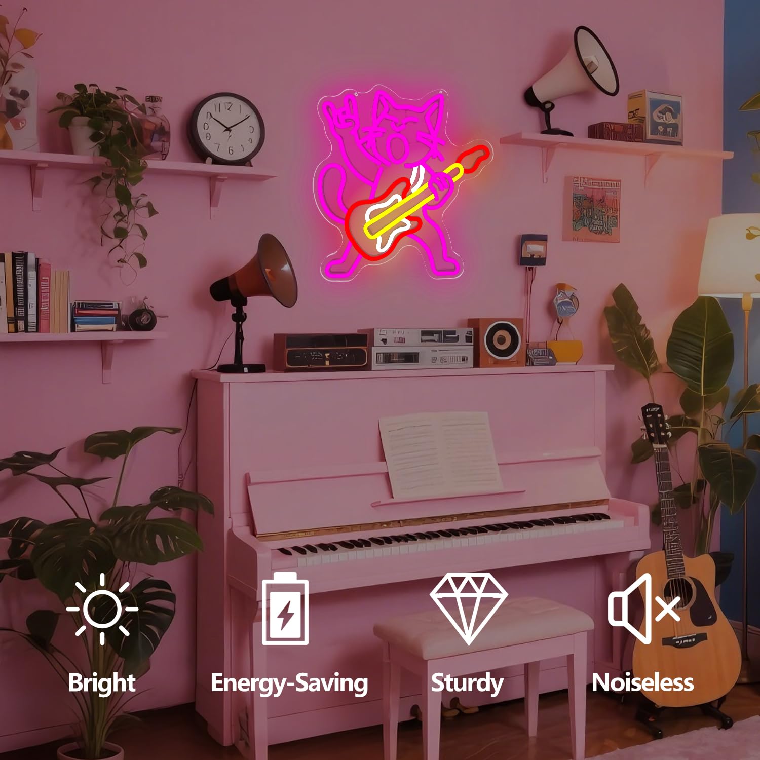 Insegne al neon per chitarra a forma di gatto per decorazione da parete dimmerabile Rock & Roll Kitty Luci al neon USB Gatto che suona la chitarra Segno Led Musica Gatti Decorazione da