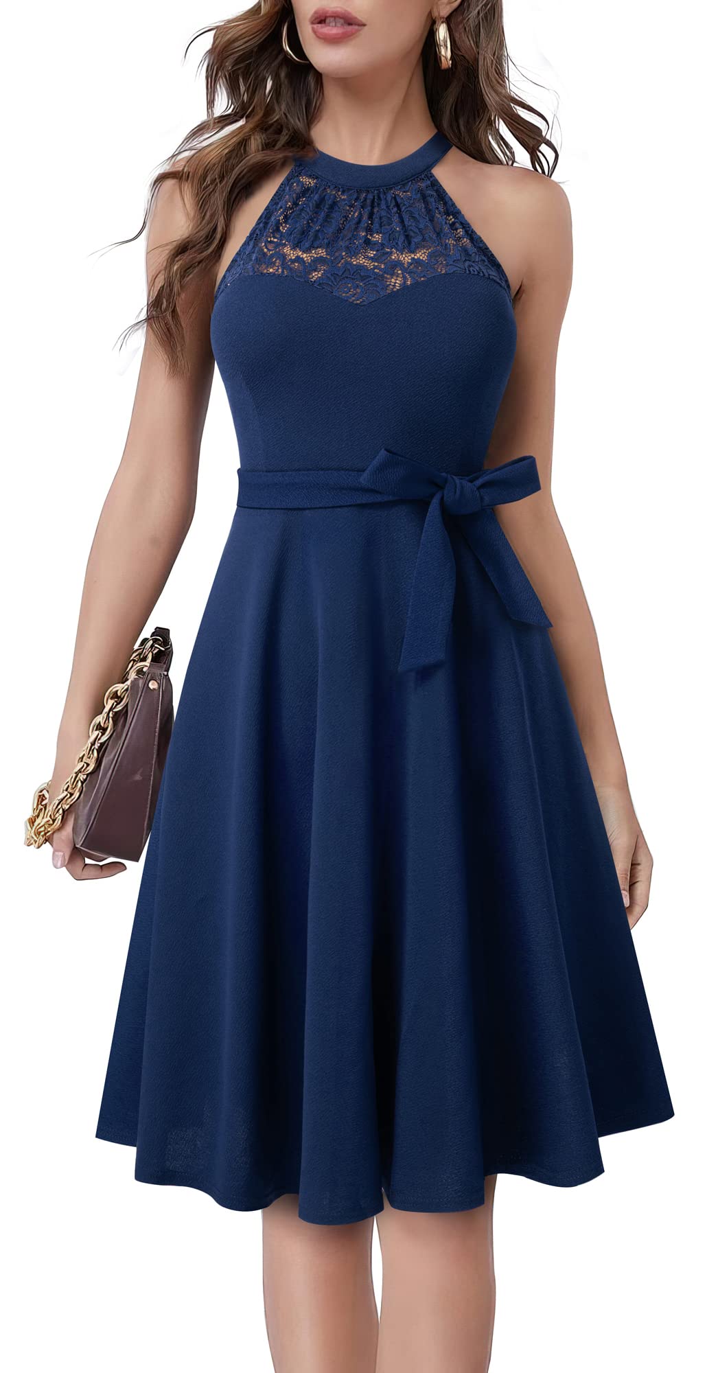 HOMEYEE Damen Vintage 50er Rockabilly Schulterfrei Bestickte Spitze Cocktailkleid A283