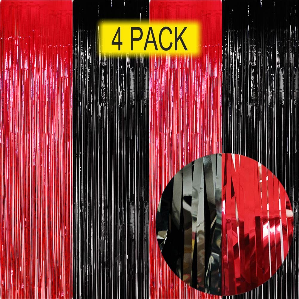 Red and Black Party Decorations- 4 Pack of 3.2x8.2ft Foil Fringe Curtains for Graduation Party Decorations Birthday Backdrop Decorations