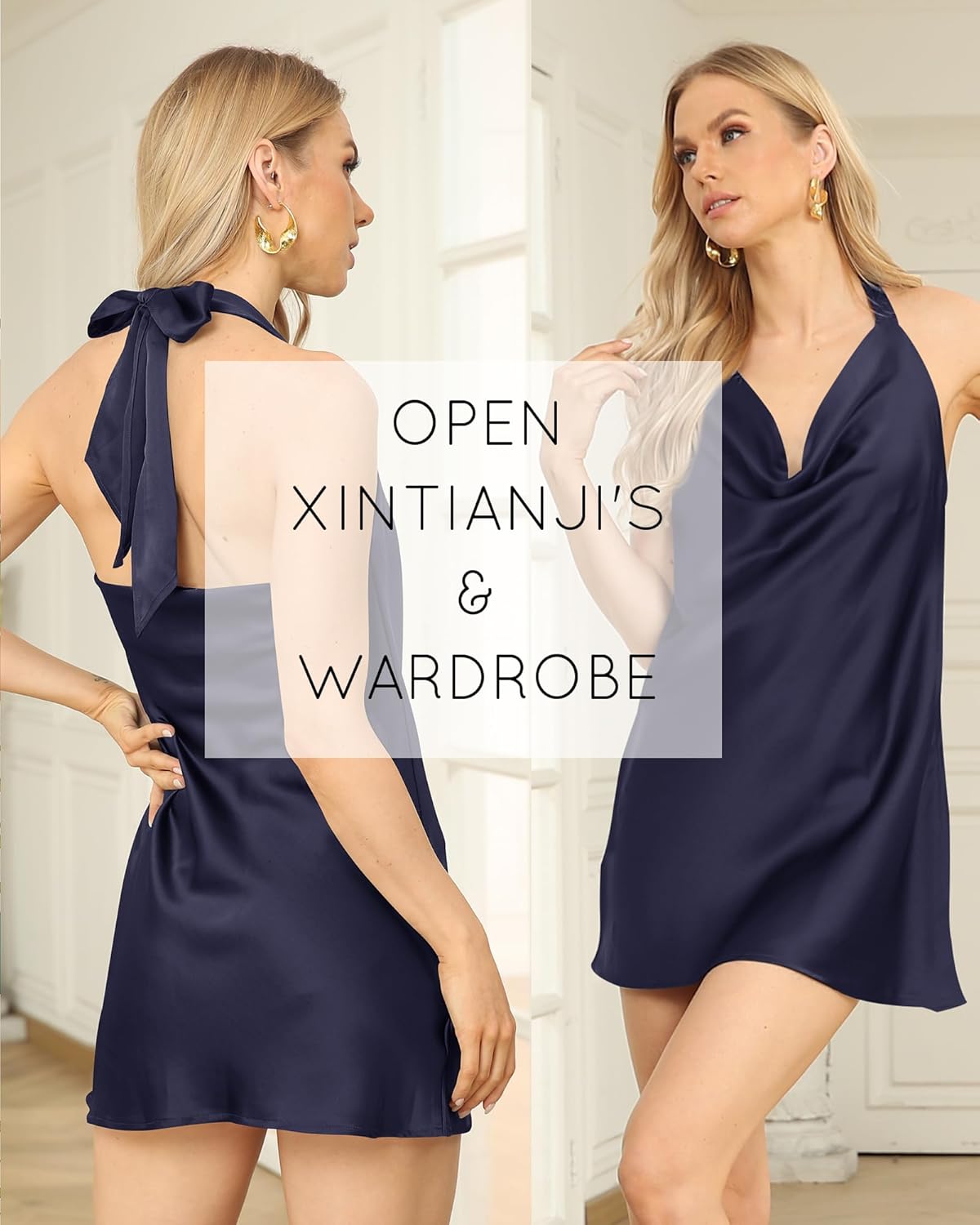 Xintianji Women's Satin Halter Mini Slip Dress Cowl Neck Backless Silky Dresses - Image 2