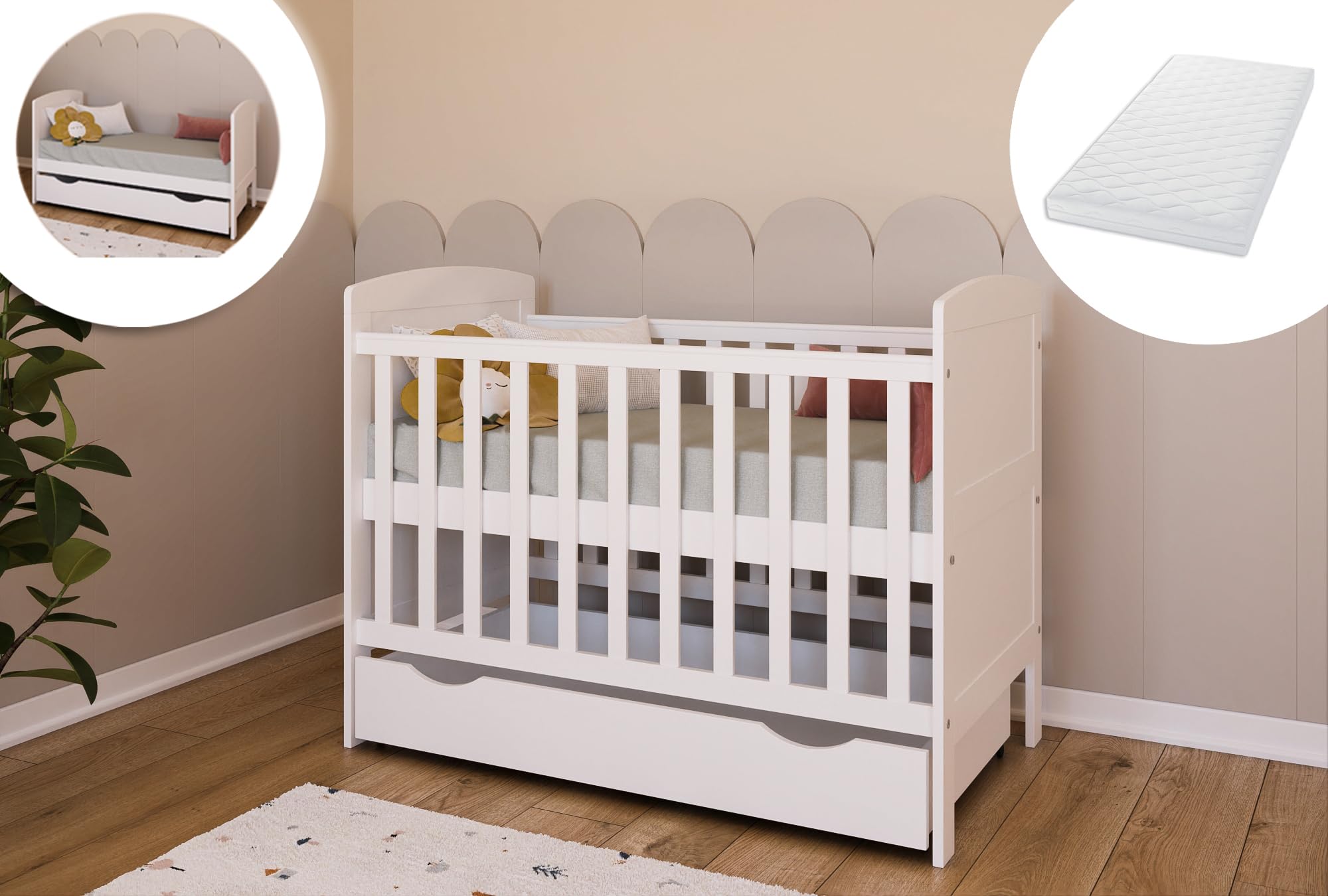 Kids Collective Babybett Kinderbett 70x140 cm mit Matratze & Schublade umbaubares Gitterbett höhenverstellbar | Baby Bed weiß Made in Europe 70x140 cm | von Geburt bis 6. Lebensjahr