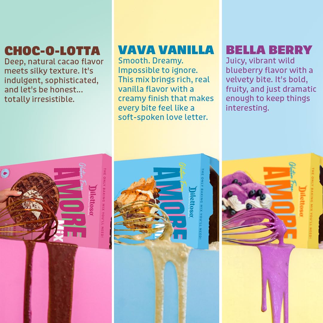 Dilettoso's Organic Gluten-Free Oat Flour Baking Mix | Variety Pack: Vanilla, Chocolate, and Wild Blueberry | Pancakes, Waffles, Cupcakes, Brownies, and Cookies | 10oz AMORE Mix (3 Boxes)