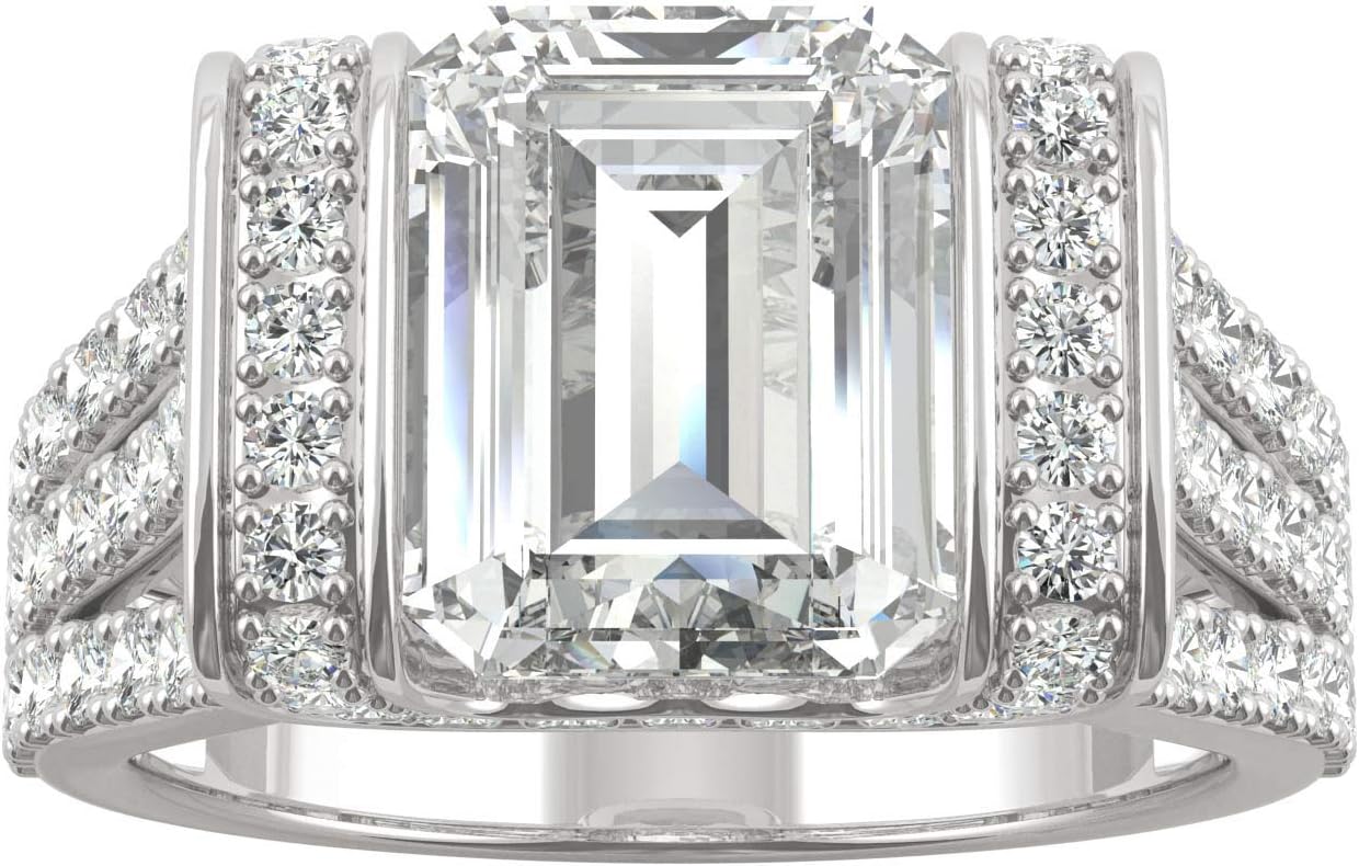 Charles & Colvard Created Moissanite 10x8mm Emerald Cut Fashion Ring for Women | Lab Grown | Solid 14K White Gold with Rhodium