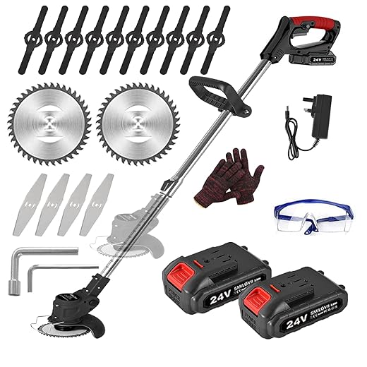 Débroussailleuse Électrique sans Fil 24V, Coupe Bordure sans Fil avec 2 Batteries 2000mAh, 6 Lames Métal & 10 Lames Plastique pour Jardin, Pelouse et Désherbage