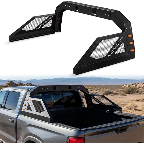 Universal Truck Bed Chase Rack Roll Bar, Adjustable Roll Bars with 6 Amber Side Marker Lamps, Universal Fit for Pickup Trucks, Toyota Tundra, Black