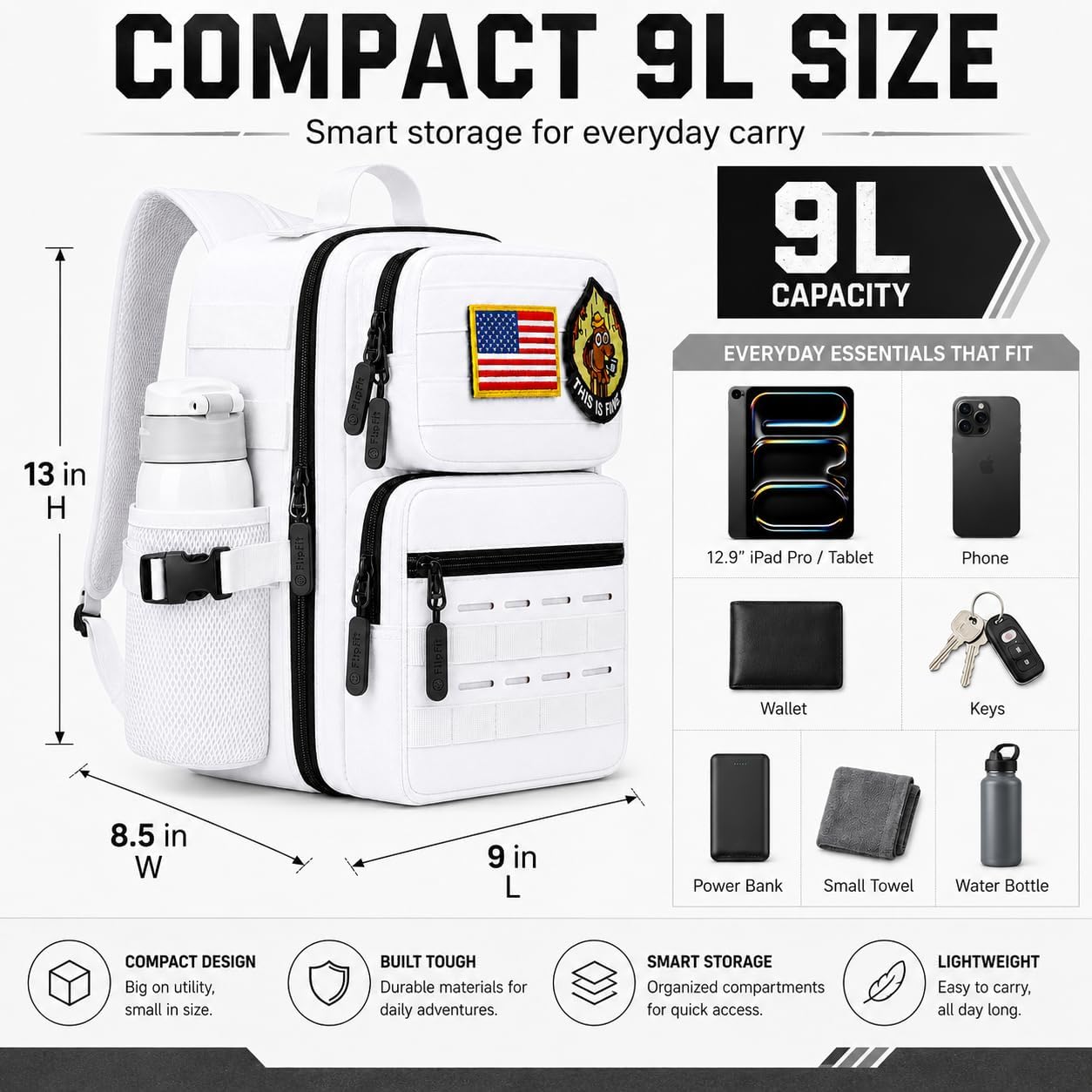 9L Mini Tactical Backpack for Men Women,Small Military Tactical Backpack for Gym,Hiking,Camping,Cycling (White)