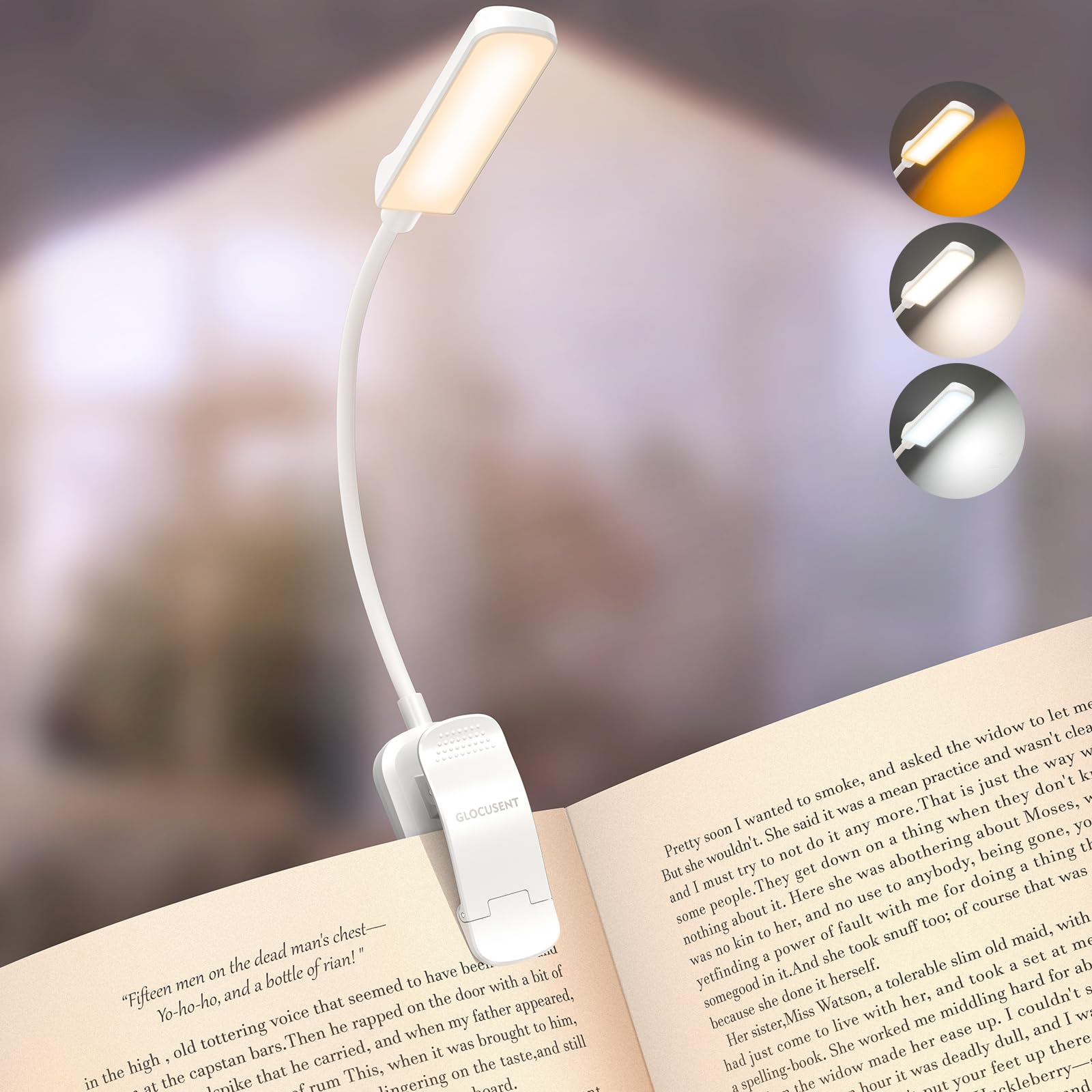 Glocusent White 120H Book Light Rechargeable, 13 Leds Clip On Reading Light, Eye Caring Reading Lamp With 3 Colors & 5 Stepless Dimming 3–60Lm, Flexible Book Lamp For Book Lovers Kids