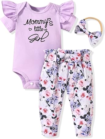 fioukiay Preemie Newborn Baby Girls Clothes Infant Little Kids Romper Bodysuit Pants Headband Clothing Set Summer Outfits