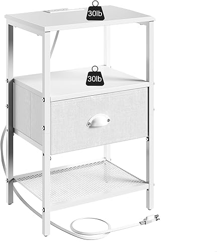 Miniatura 8 de Sthmec - Juego de 2 mesitas de noche LED con estación de carga y cajón de tela, mesita de noche con almacenamiento, mesa auxiliar de 3 niveles con