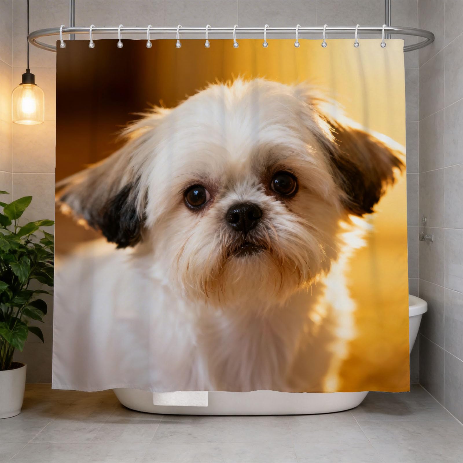 Hongduo 3D Shih Tzu Shower Curtain for Stalls Bathtubs Pet Dog Pattern Bathroom Decor Shower Curtain Set Polyester Fabric Waterproof 200x200cm/79X79 Inch with Hooks