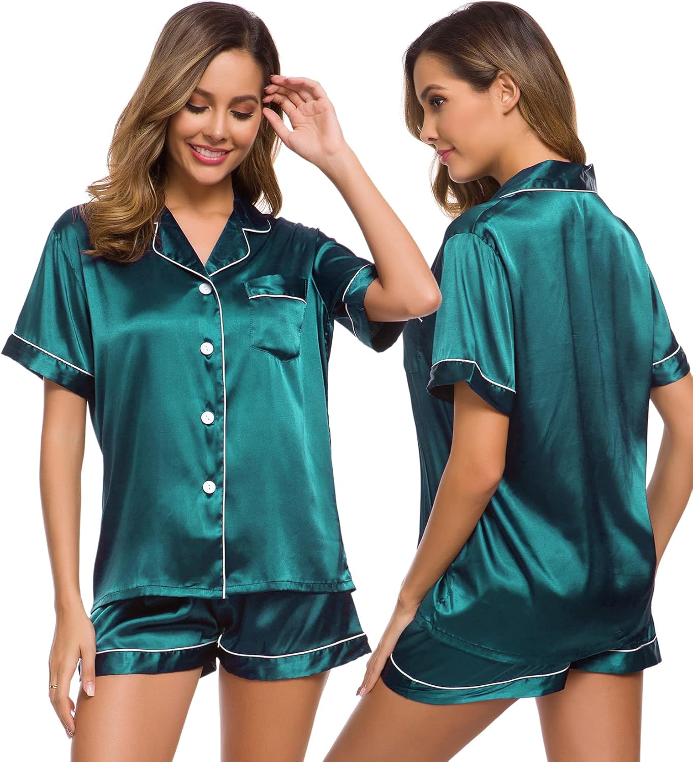SWOMOG Womens Silk Satin Pajamas Set Short Sleeve Sleepwear Button Down Top and Shorts Loungewear 2 Piece Pjs Set XS-3XL