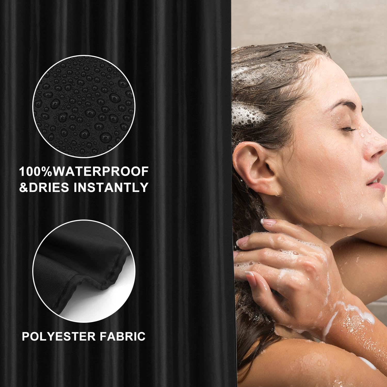 LUKDUNG 150 x 200 cm Polyester Textile Shower Curtain Anti-Mould for Bathroom Curtain for Bathtub Shower Made of Fabric Waterproof Washable Shower Curtain with 10 Hooks Black - Image 3