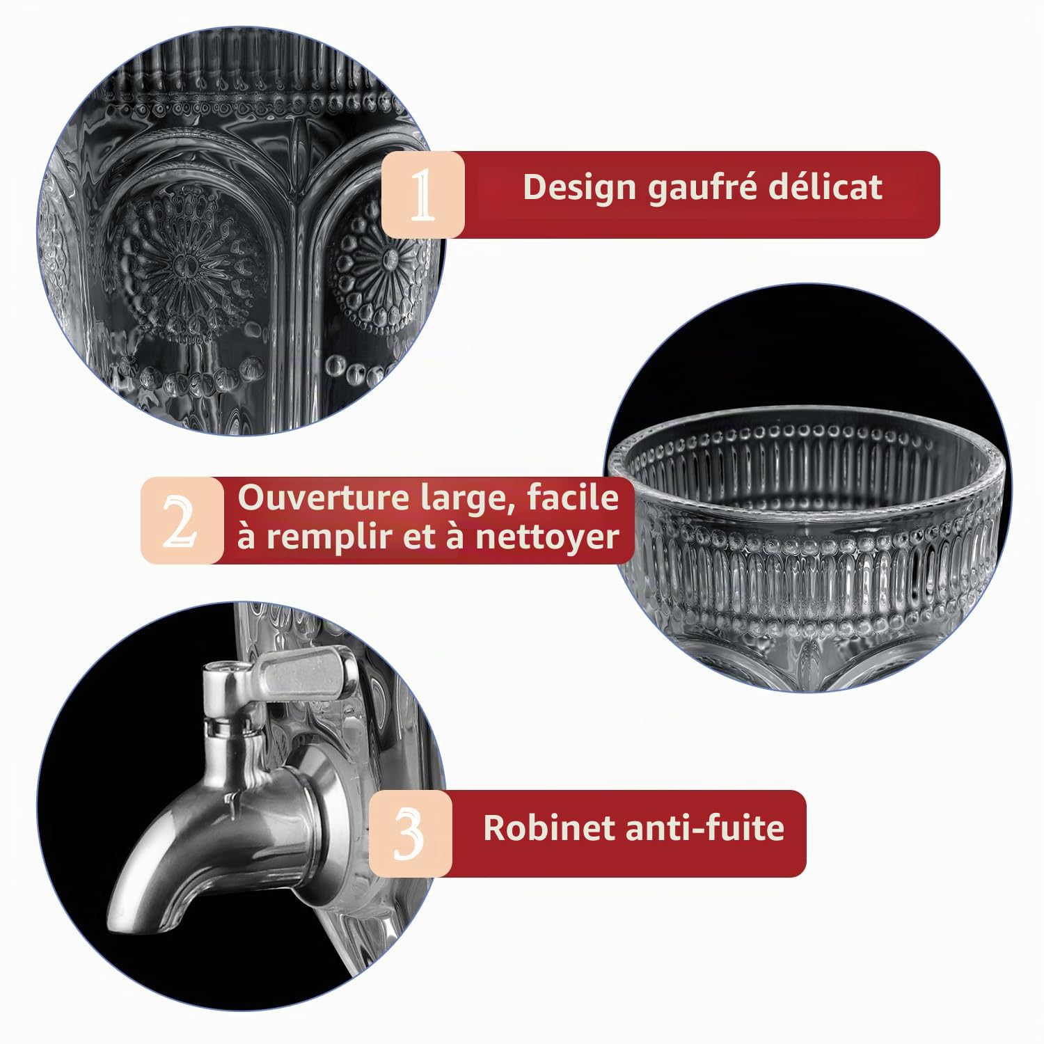 Distributeur de boissons en verre de 3 L, distributeur de boissons en relief avec robinet en acier inoxydable 304, distributeur de cocktail pour fête, mariage, restauration, buffet, bar