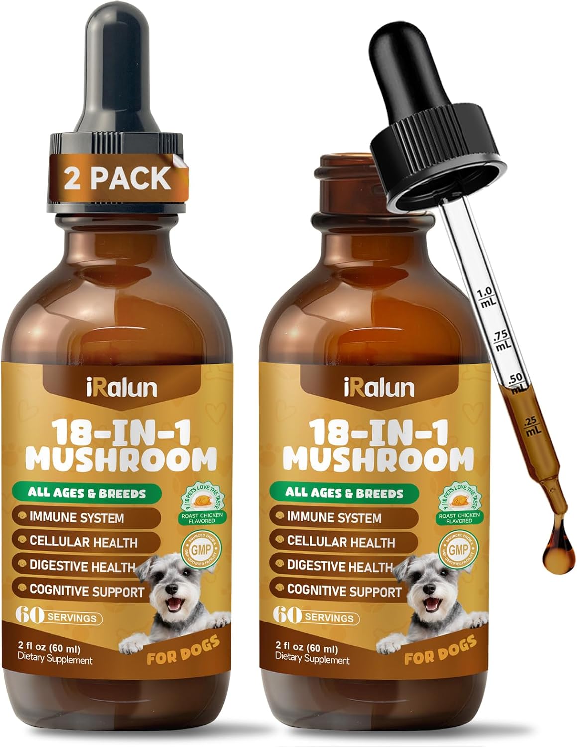2 Pack Organic Mushroom Supplement for Dogs - 18-in-1 Blend with Turkey Tail, Reishi, Lion's Mane, Supports Immune Defense, Allergy Relief, Joint & Skin Health, Roast Chicken Flavor Liquid, 60mL
