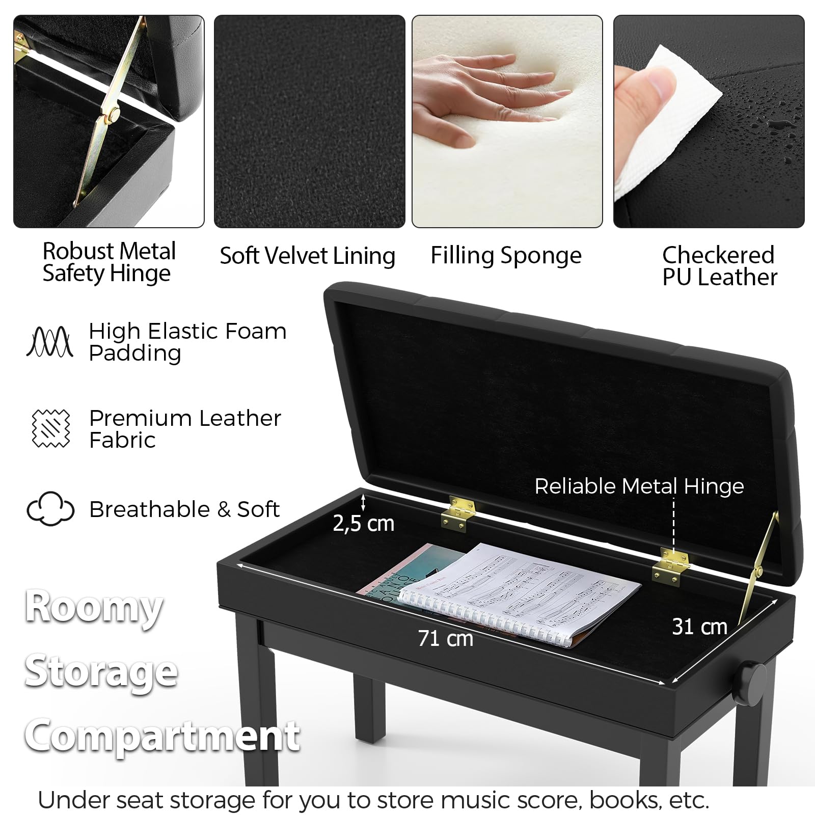 HOMASIS Sgabello Pianoforte Regolabile in Altezza, Panca Pianoforte con Contenitore Nascosto, Struttura in Metallo/Gambe in Legno/Seduta in Pelle Artificiale, Sgabello Imbottito per Musicista, Nero