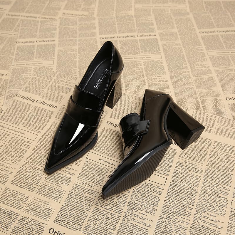 Spring 2025 New Pointed Toe Pumps High Heels Elegant Simple Fashion Women Shoes Black Bandage Brogue British High Heel Chunky Heel Pumps Shoes 7912-12