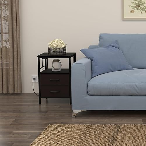 Miniatura 8 de Mesita de noche con estación de carga, mesa auxiliar con cajones de tela y estante abierto, mesita de noche para decoración de dormitorio, mesita de