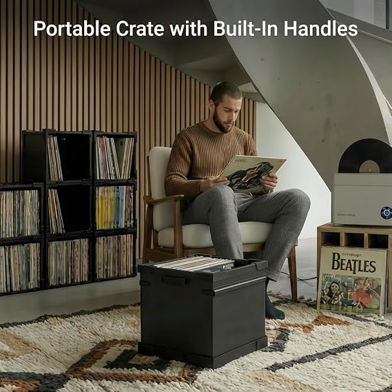 HumminGuru FlexiCube Vinyl Record Storage Box Stackable Organizer for 12 Records, Holds 70 LPs | Modular Vinyl Shelf & Collapsible Storage Crate. Durable & Portable Space-Saving Design (3 Cubes)