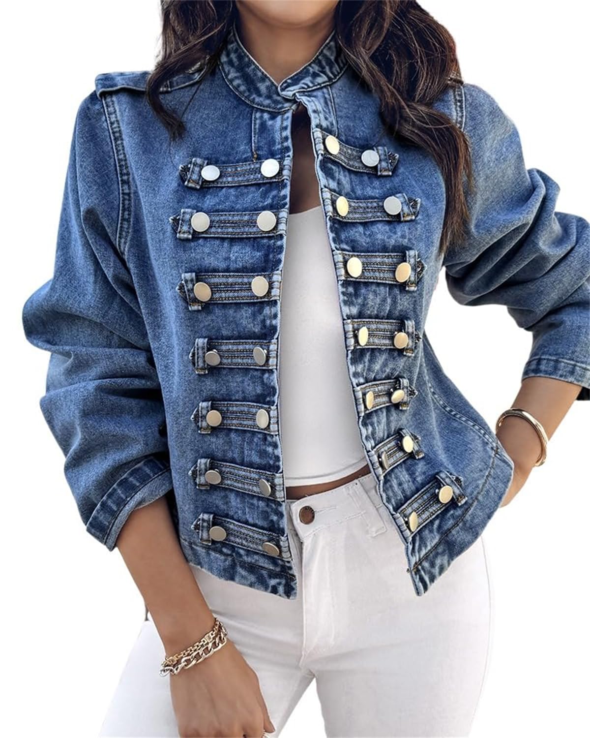 ORANDESIGNE Damen Jeansjacke Militär-Stil Stehkragen Kurze Denim-Jacke mit Stehkragen Zweireihig Lässiger Langarmmantel Steampunk Napoleon Jacke