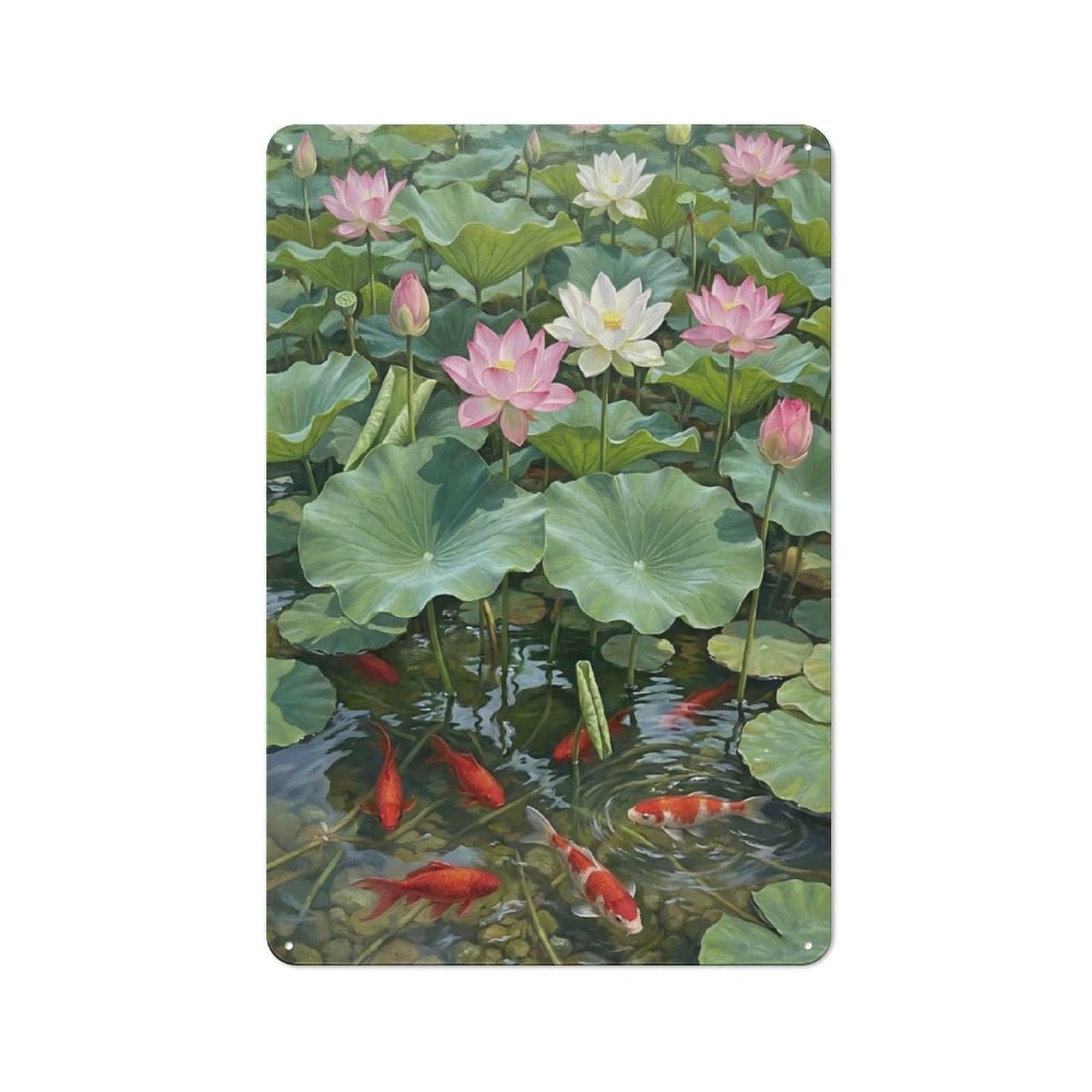 Lotus Pond with Koi Fish Painting Vintage Metal Plaque 30x20cm for Guest Room Or Hallway, A Decorative Christmas Gift for Guest Room Decorators