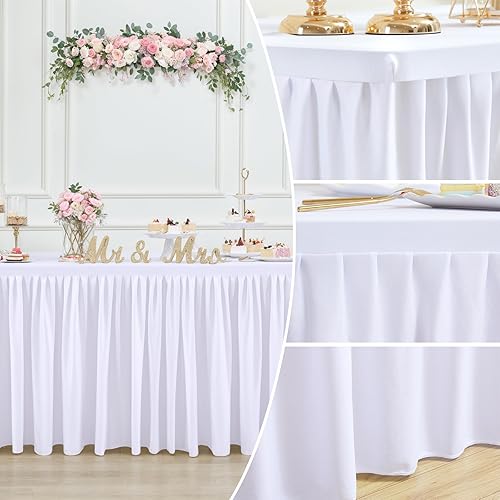 Miniatura 5 de Suppromo Mantel blanco de 6 pies con falda de mesa para mesas rectangulares, mantel elástico de 3 caras con volantes blancos para fiesta de