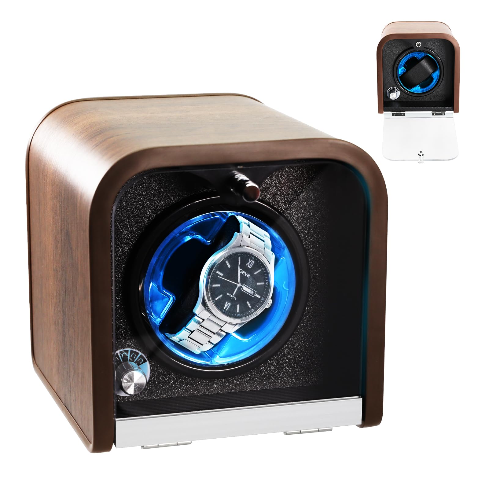 Enrollador Automático para Relojes, Enrollador Individual con 4 Modos de Rotación/Luz LED Azul/Tecnología Smart Stop/Almohadilla de Espuma/Motor Silencioso/Vitrina de Madera para Relojes Automáticos
