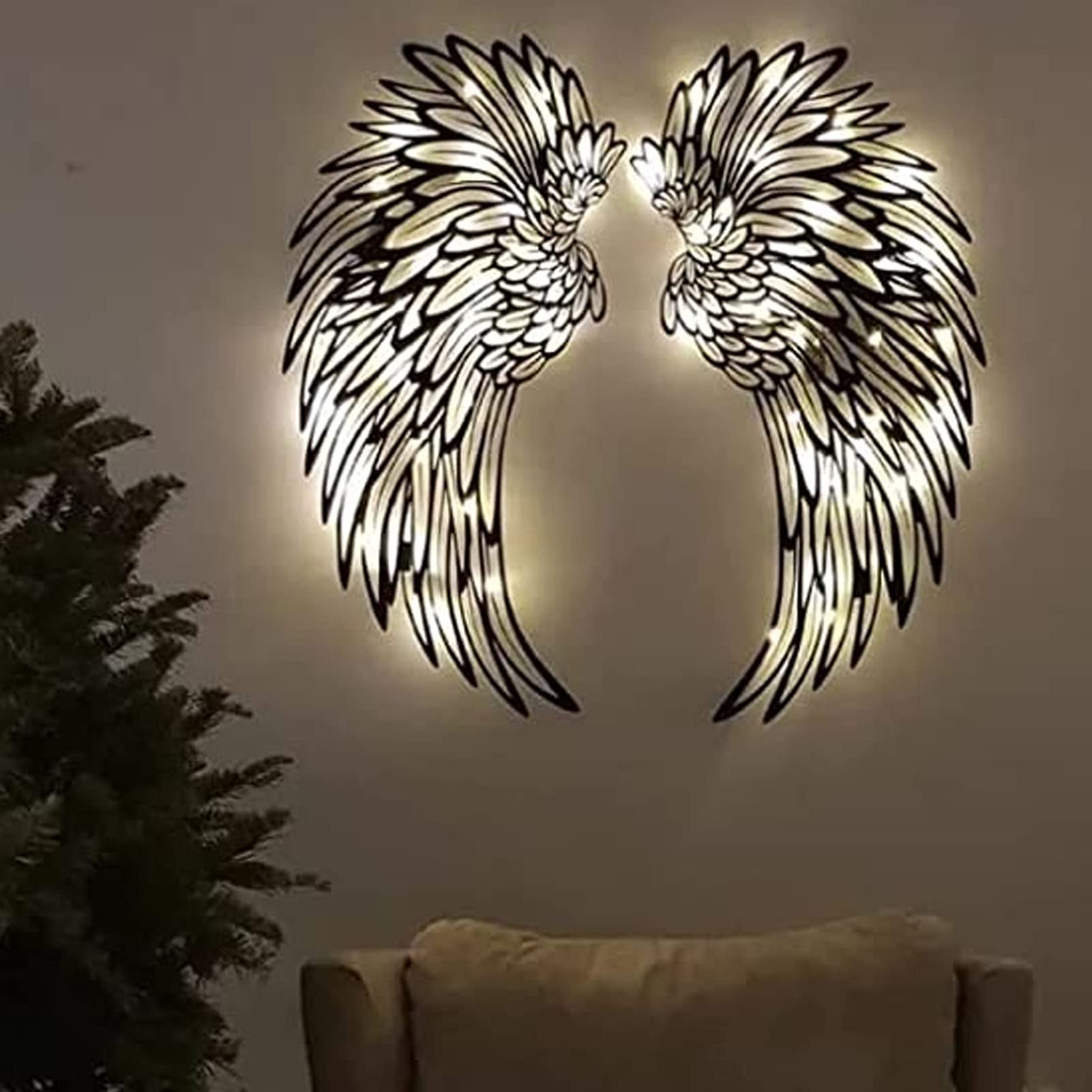 Decoración de Arte de Pared de Metal con Alas de ángel con Luces LED, Arte de Pared de Alas de ángel de Metal, Decoración de Pared de Alas de ángel, Escultura de Pared de Regalo de Alas de ángel para