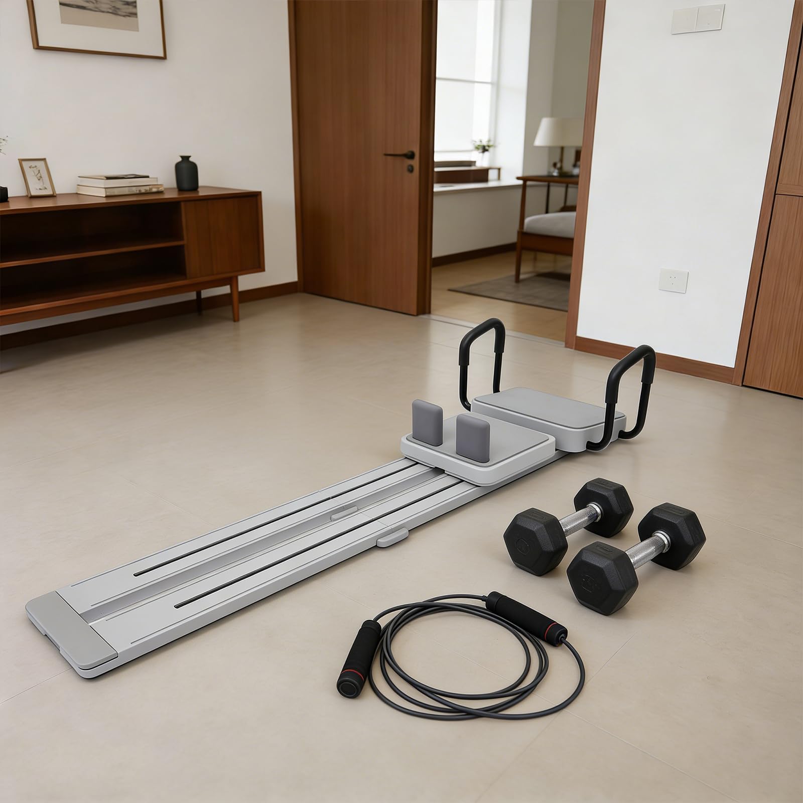 4-in-1 Pilates Board Silent Automatisches Rebound Bauchmuskeltrainer Multifunktionales Reformer Pilates Maschine für Zuhause abnehmbar Mini Pilates Reformer mit verstellbaren Doppelschiene Grau