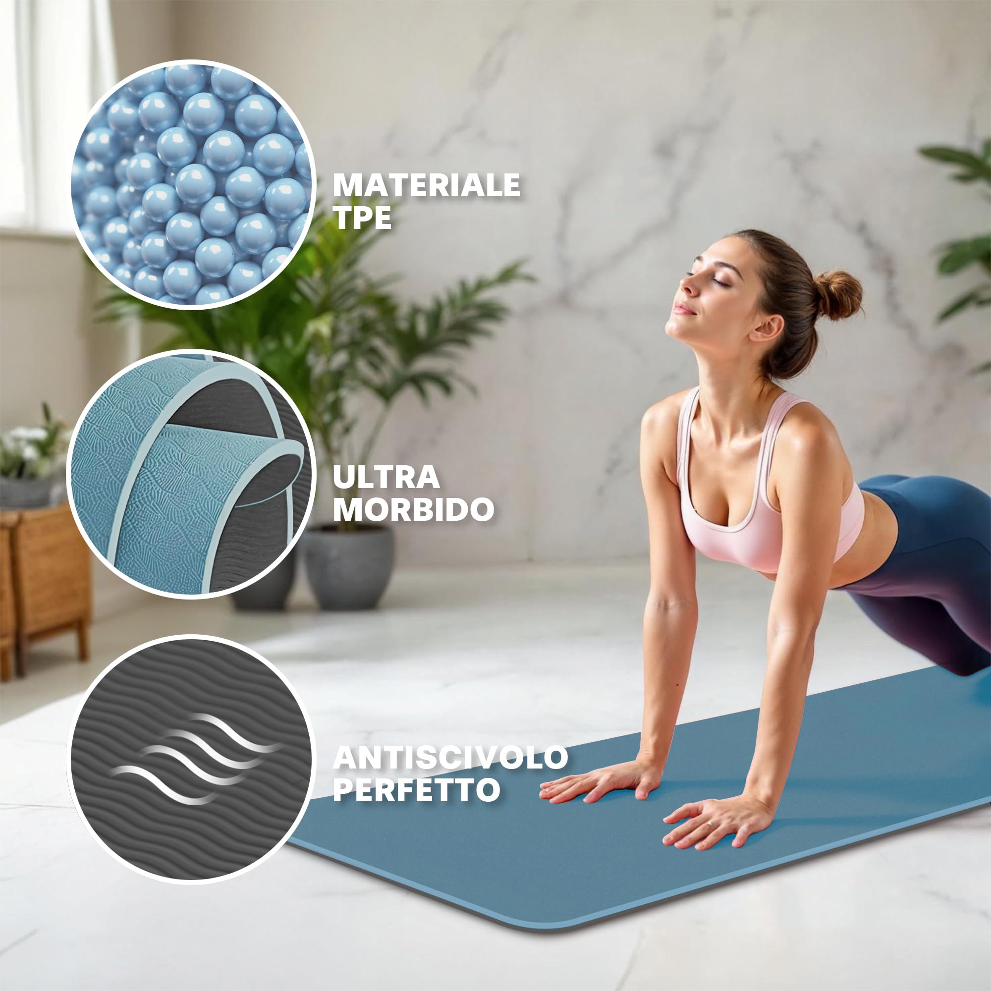Tappetino Yoga TPE 183x61 Cm Spesso 6 Mm Con Linee Di Allineamento Antiscivolo Per Principianti