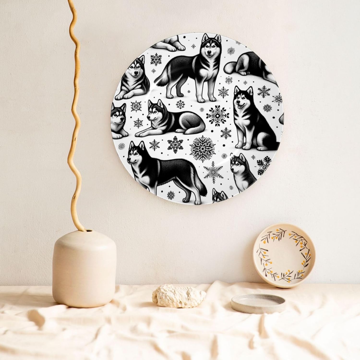 Siberian-Husky-Snowflakes 10 Inch Decorative Plate With Stand, Elegant Display Wall Plate For Home Decor