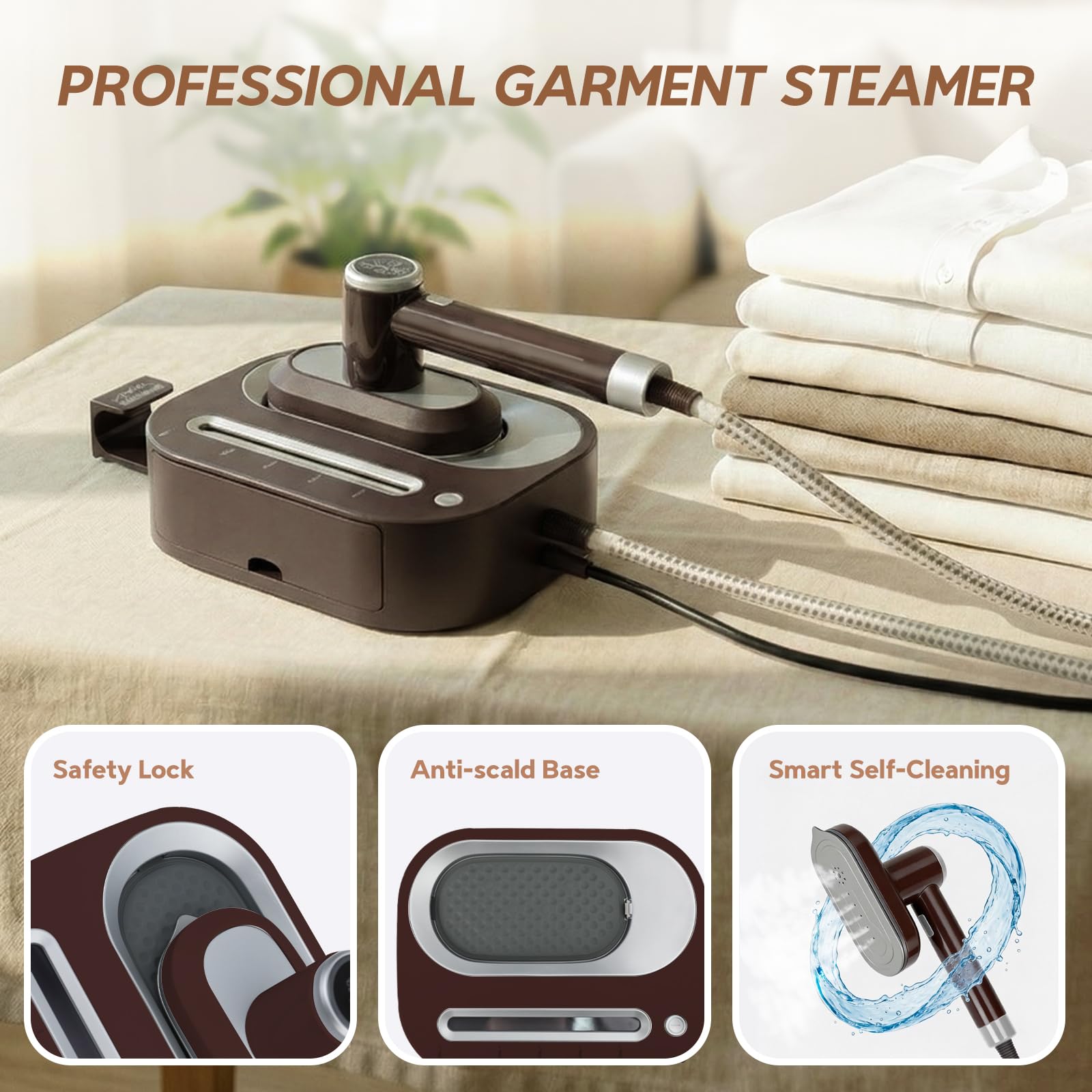 2 In 1 Steamer for Clothes: 1550W Powerful Steamer with 1100ml Detachable Tank, 30s Fast Heat-Up, Horizontal & Vertical Use, Portable Wrinkle Remover for Clothes Drapes Bedding (Brown) image 5