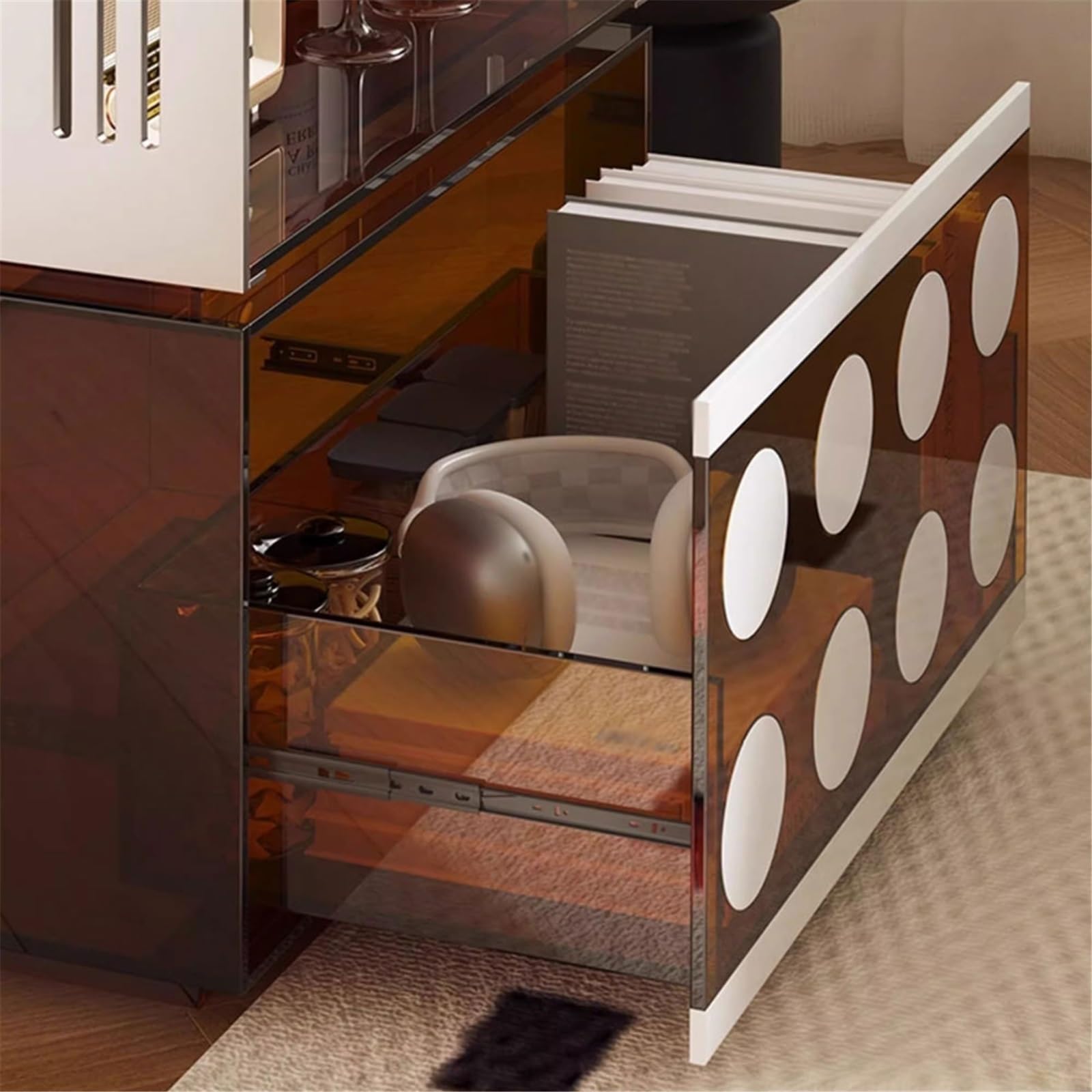 Rack per dischi Comodino in acrilico con libreria e cassetto, porta dischi in vinile di lusso leggero