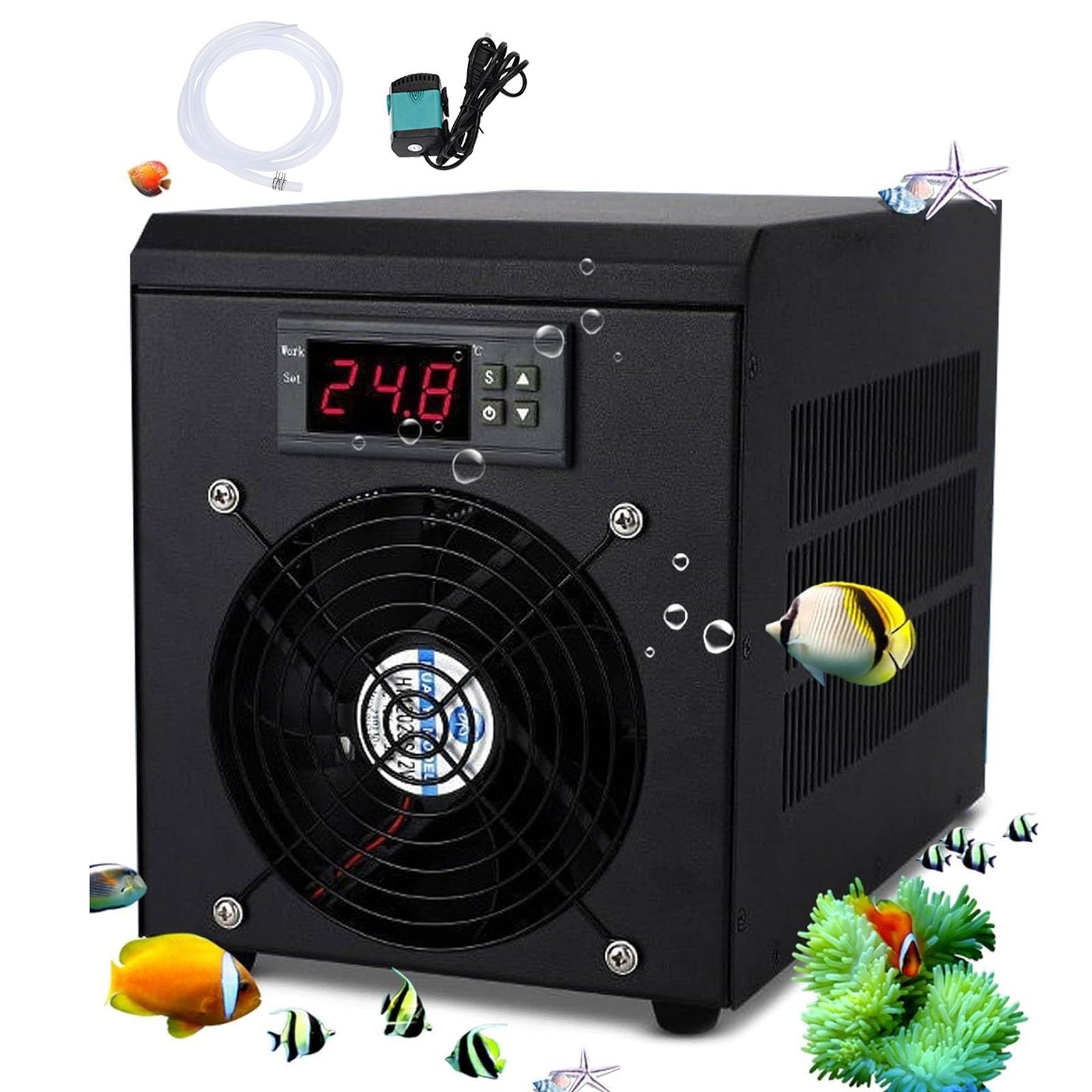 Chłodziarka do wody akwariowej, system chłodzenia 180 W do zbiorników 160 l, kontrola temperatury 5-40°C, zrównoważone chłodzenie