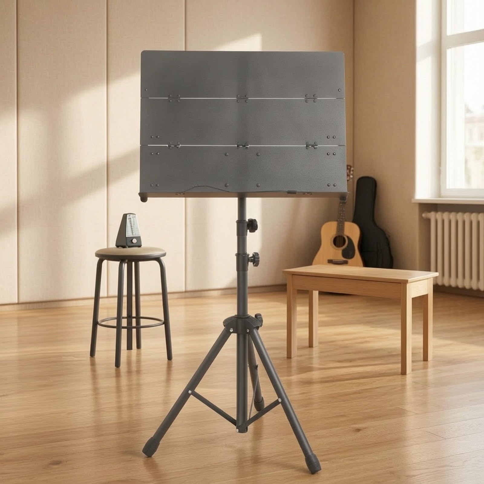 Klappbar Notenpult aus Kohlenstoffstahl klappbar Musikständ mit dreiteilig Notenplatte kompakt Notenhalt mit Seitenhalt für Bands,