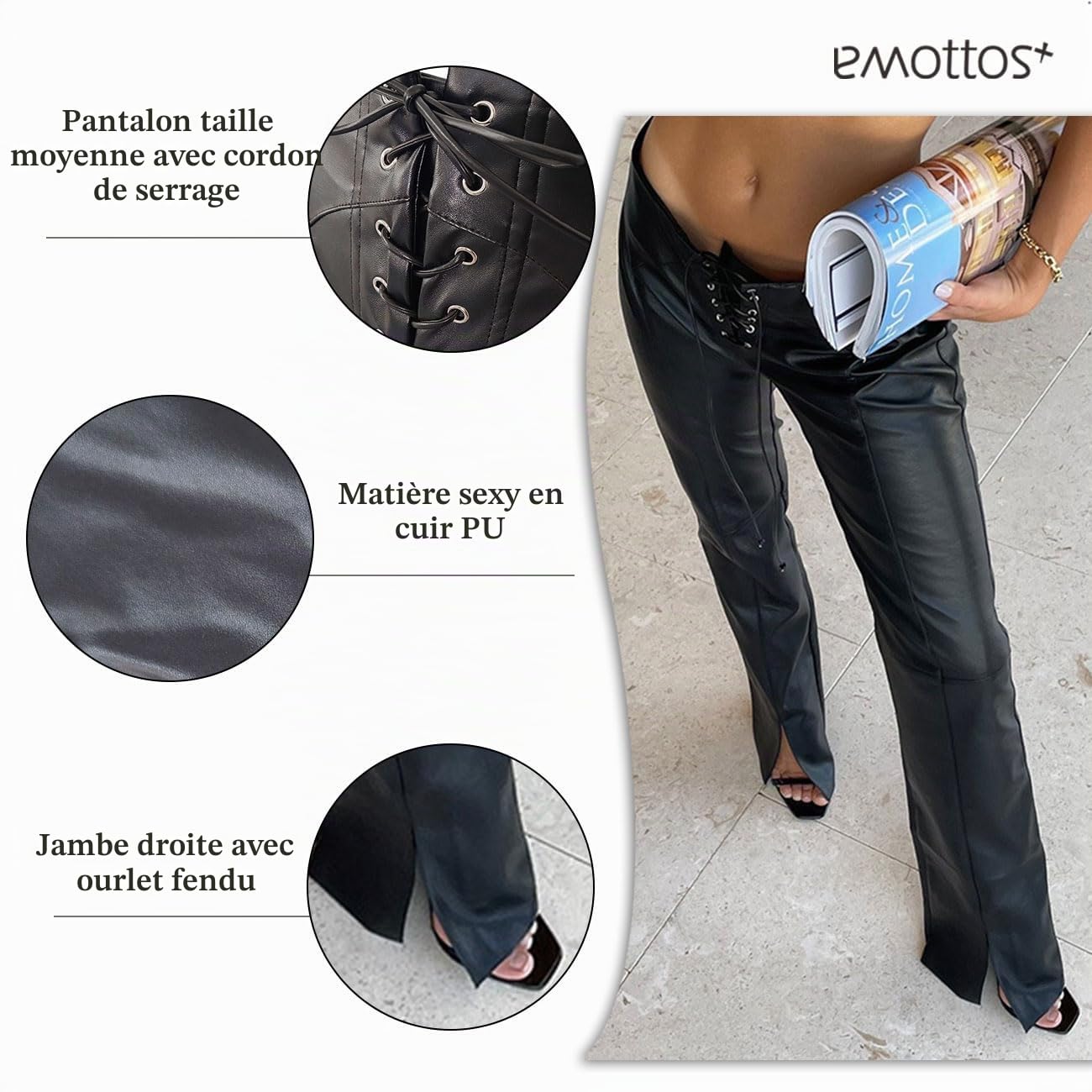 Femmes Faux Cuir Pantalon, Taille Moyenne Pantalon Jambe Droite avec Bretelles Ajustables, Jean Slim Fit PU Streetwear avec Split Bottom pour Nightclub Party, Noir, S-L
