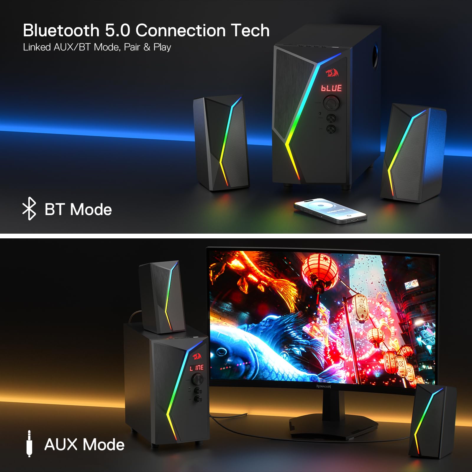 Redragon GS520-PRO Haut-parleur de jeu 2.1 canaux Dynamic RGB w/EQ Mode BT/FM/USB/SD/AUX Noir