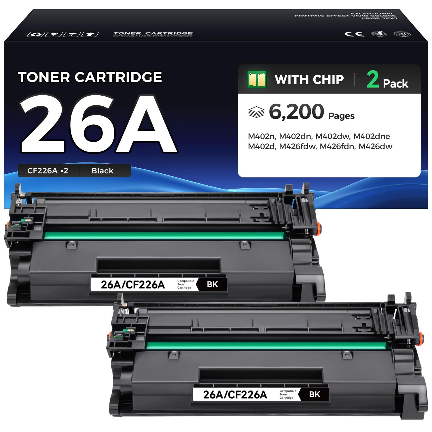 26A Toner Cartridge Black 2-Pack High Yield with Chip Replacement for HP 26A CF226A Compatible with HP LaserJet Pro MFP M426fdn M426fdw M402dn M402dne