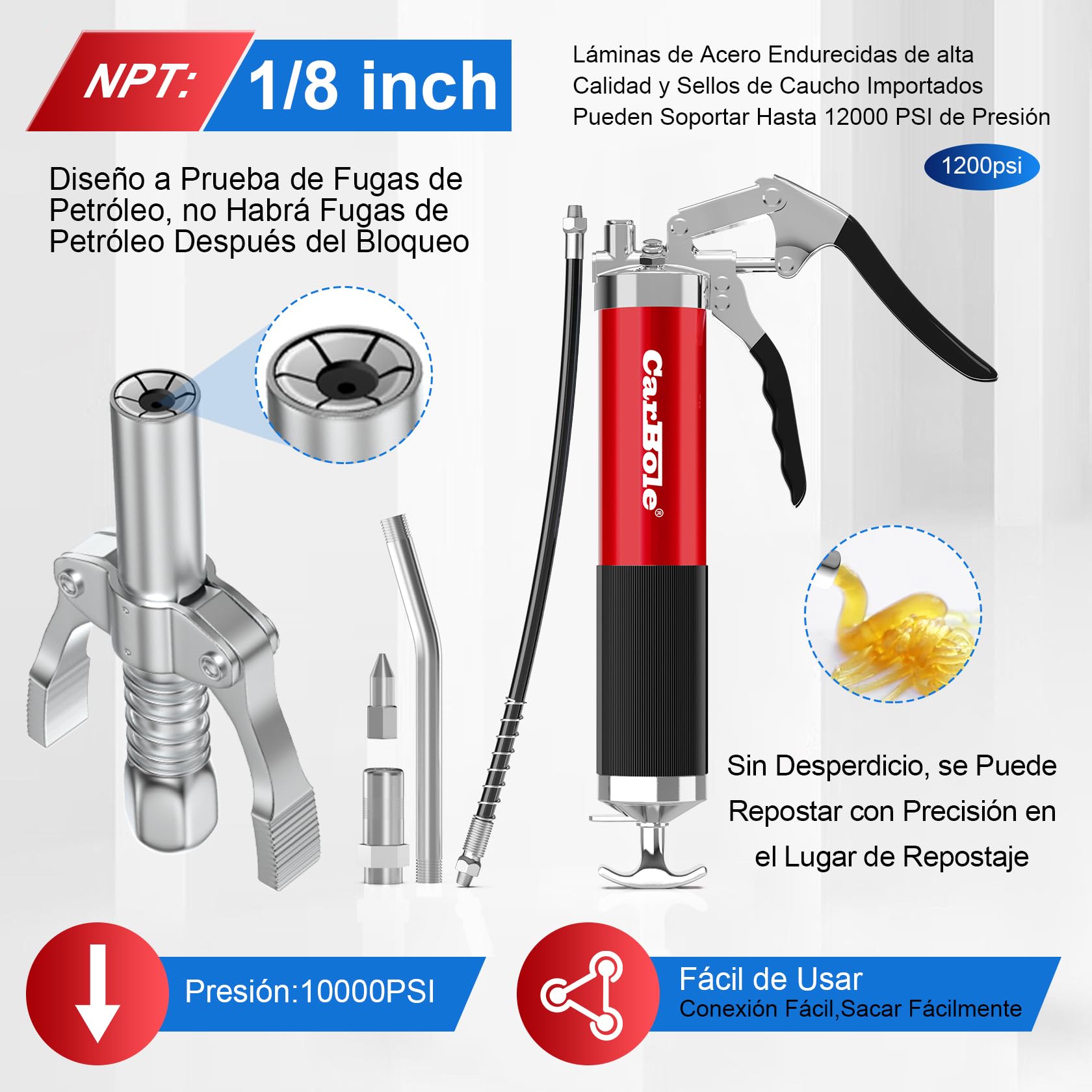CarBole Pistolas de Engrase 8000PSI con Acoplador,Engrasadora,Bomba de Engrase,3 Mangueras Flexibles y Tubo de Extensión de Metal,Con Seis Tipos de Boquilla,Compatible con Cartucho de Tinta 400cc