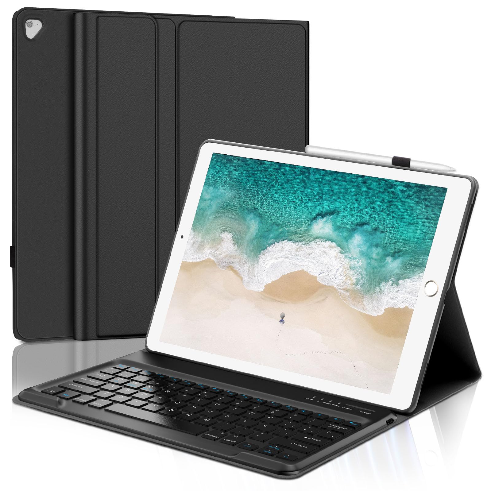 Funda Teclado para iPad Pro 12.9'' 2017/2015, Teclado Bluetooth | Funda para iPad Pro 12.9'' 2017 con Teclado Español Bluetooth Desmontable, Teclado para iPad Pro 12.9'' 2/1 Generación, Black
